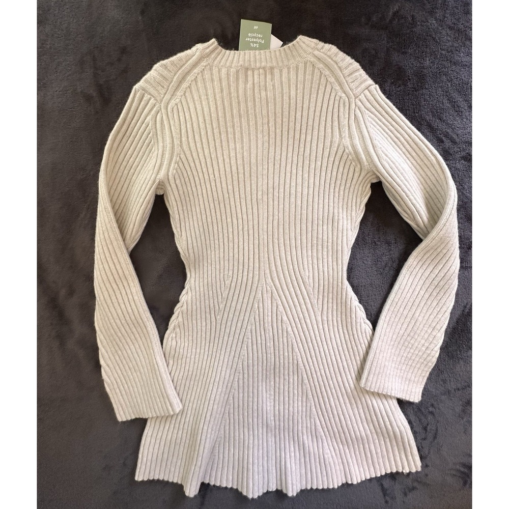 H M Ribbed Long Sleeve Knit Mini Dress Cream Size M sweater Dress A3-029 - Picture 3 of 8